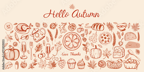 Hello autumn give thanks hand drawn illustration featuring pumpkins leaves food and drinks