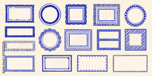 Collection of hand drawn blue decorative borders and frames on a light background