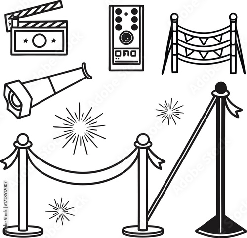 Iconic Hollywood film set elements line art conjure silver screen magic, perfect for movie buffs, film industry enthusiasts, or creative projects