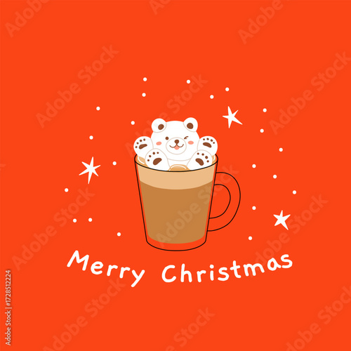 Christmas and Happy New Year greeting card. Mug and cup of hot coffee, punch, cacao with whipped cream, marshmallow and candy cane. Poster or cover design for Xmas, New year or winter holidays