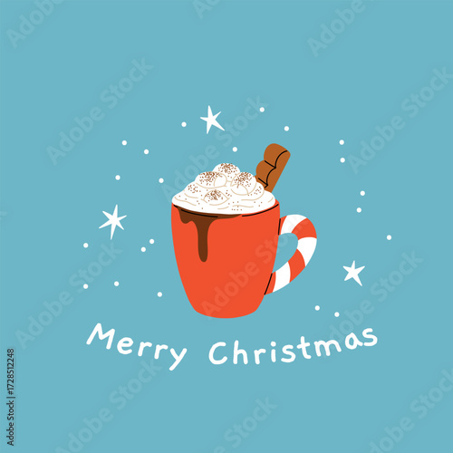 Christmas and Happy New Year greeting card. Mug and cup of hot coffee, punch, cacao with whipped cream, marshmallow and candy cane. Poster or cover design for Xmas, New year or winter holidays