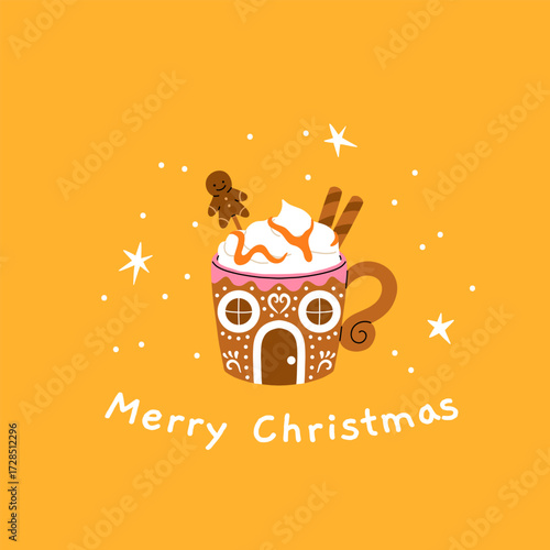 Christmas and Happy New Year greeting card. Mug and cup of hot coffee, punch, cacao with whipped cream, marshmallow and candy cane. Poster or cover design for Xmas, New year or winter holidays
