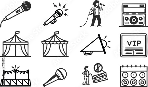 Dynamic collection of performance icons capturing music, entertainment, and event planning for vibrant commercial use