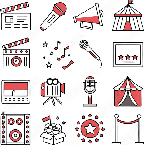Dynamic entertainment icons capture performance, music, and event excitement with vibrant, modern appeal for creative projects.