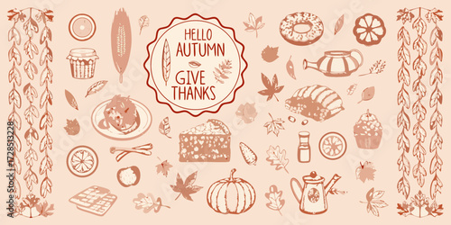 Hello autumn give thanks hand drawn illustration of seasonal food and fall leaves