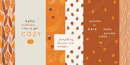Cozy autumn vibes with pumpkins leaves and acorns illustration