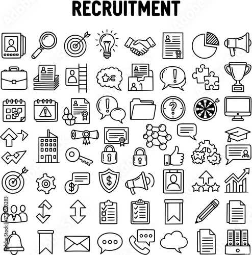 Recruitment and Hiring Icons Set. Outline symbols for job search, human resources, business, career development, and employment. Talent acquisition line art collection.