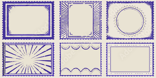 Collection of six unique vintage blue postage stamp borders and frames on a light beige background