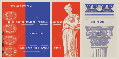 Art exhibition posters featuring classical sculpture and abstract elements in bold colors