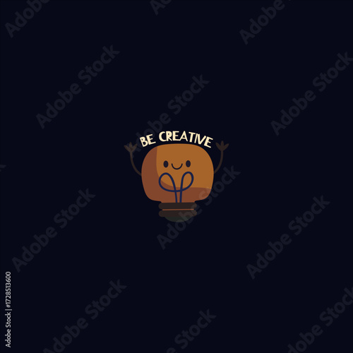 Illustration of a smiling light bulb character with the motivational phrase "Be Creative." Symbolizes imagination, innovation, ideas, and artistic inspiration. Ideal for creative projects, education, 