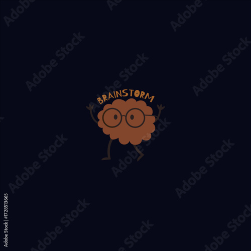 Cartoon Brain with Glasses and "Brainstorm" Text – Creativity and Thinking Concept