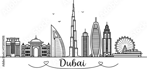 Dubai Skyline Vector Illustration Hand Drawn | Architectural Cityscape Art for Posters, Prints, Branding, Website Design