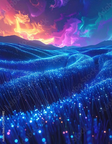 Glowing blue grass field under a vibrant, colorful night sky