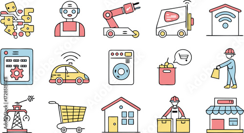 Dynamic icons showcase modern industry automation, smart technology, and efficient logistics for innovative business solutions.