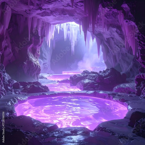 Glowing purple pools in an icy cave