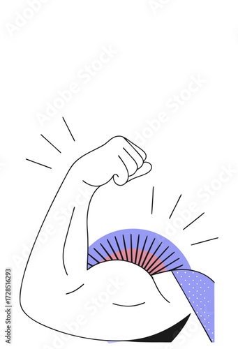 Cartoon arm flexing showing muscular bicep, tricep muscle, power, strength and health concept
