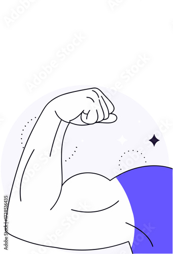 Cartoon arm flexing showing muscular bicep, tricep muscle, power, strength and health concept
