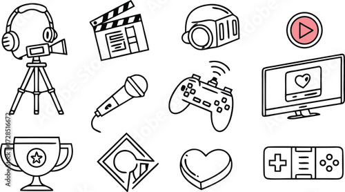 Dynamic collection of modern entertainment icons for digital content creation and gaming, perfect for websites and apps.