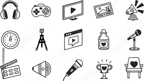 Dynamic icons representing content creation, entertainment, and digital media, perfect for modern branding and technology themes.