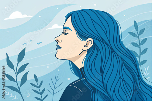 Futuristic Celestial Stylized Portrait of a Woman with Radiant Blue Hair Banner Background