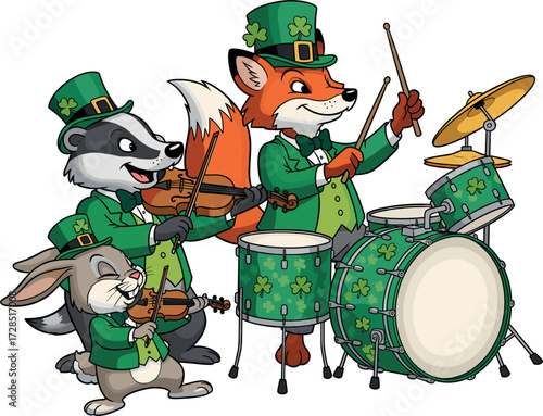 Cute cartoon animals in green outfits playing musical instruments for saint patricks day