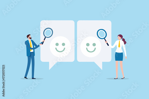 Business people examining customer feedback and satisfaction with magnifying glasses over happy smiley faces in speech bubbles