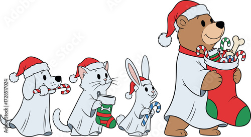 Cute cartoon animals in santa hats celebrating christmas together