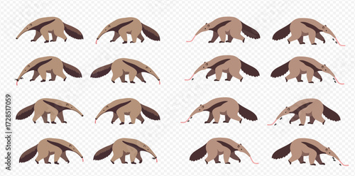 A grid of cartoon anteaters, some extending their long tongues, against a transparent background.