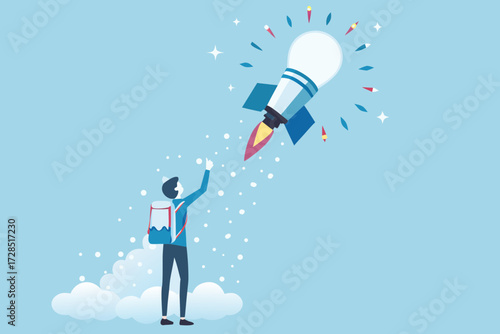 Young person with backpack reaching for a rocket shaped like a lightbulb launching into the sky
