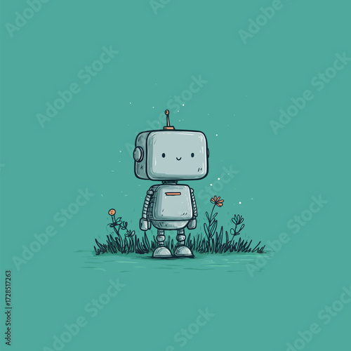 A cheerful robot stands in a lush green field dotted with wildflowers. The robot has a playful expression and a small antenna. Sunlight enhances the peaceful scene.