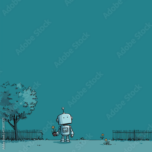 A small robot admires a yellow flower in a park. Surrounding it are a green tree and a white fence against a bright blue sky. The scene feels serene and whimsical.