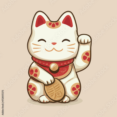 A charming maneki-neko cat figurine features a smiling face and an outstretched paw. It holds a coin with Japanese characters and has red and gold markings.