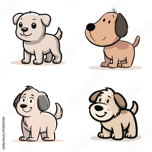 Four cartoon puppies are shown in a cheerful, colorful style. Each puppy has a unique fur color and expression, creating a joyful and playful scene.