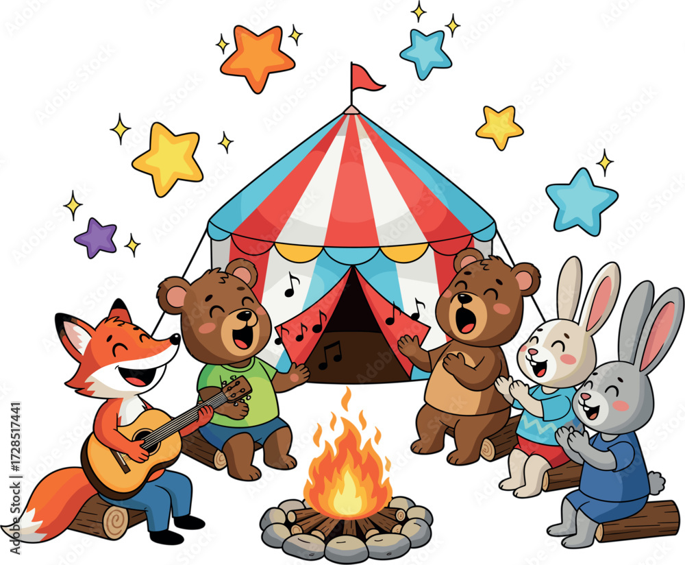 Obraz premium Cute cartoon animals camping together around a campfire and tent