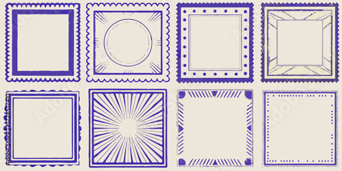 Collection of eight unique hand drawn blue decorative square and circular frames on a beige background