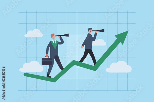 Two businessmen with telescopes walking on an upward trending green arrow graph with clouds and grid background