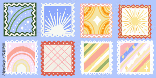 Collection of eight whimsical hand drawn postage stamps with colorful abstract designs and scalloped edges