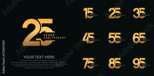 Anniversary logo set vector design, golden color for celebration event
