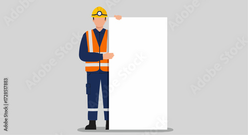 A Construction Worker in a Hard Hat and Gloves Stands by a Blank Canvas on an Easel, Ready to Draw or Paint Outdoors on a Sunny Day