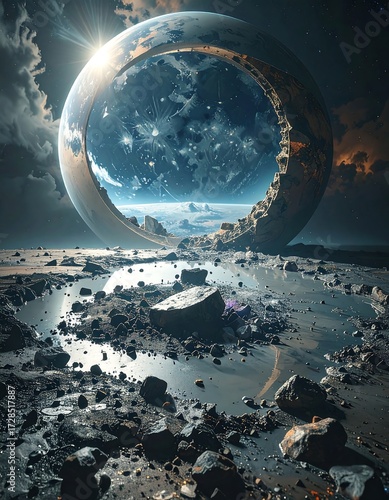 Alien planet landscape with a celestial ring