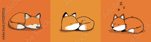 Three adorable foxes are sleeping in various curled positions on a bright orange background. Their fluffy tails and soft fur add to the cozy atmosphere.
