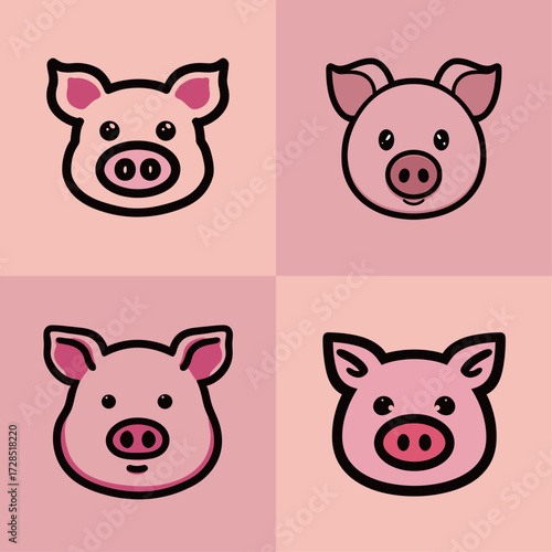 Four adorable pig faces in a colorful and playful design. Each panel features unique expressions, perfect for kids rooms or party decorations.
