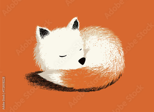 A white fox is sleeping peacefully, curled up in a cozy ball against a vibrant orange backdrop. The scene captures a serene and relaxed atmosphere.