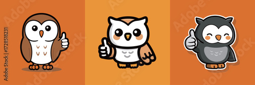 Three adorable cartoon owls are cheerfully giving thumbs up against a vibrant orange background. Each owl has a unique design and expression.