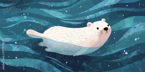 A playful white otter glides through the sparkling blue waters, showcasing its sleek body against the vibrant ocean backdrop.