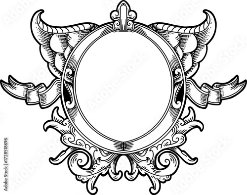  featuring an ornamental logo frame design with ancient carvings and wings