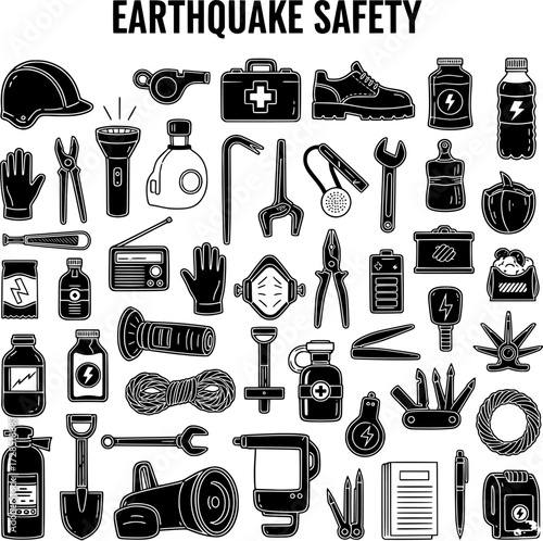 Earthquake Safety: Icon Set of Disaster Preparedness Essentials, Gear  Supplies