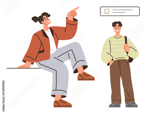 Two individuals in relaxed postures engaging socially, one pointing upward, another observing. Ideal for communication, education, teamwork, networking, collaboration, relationship youth culture
