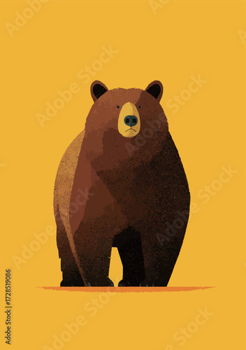 A grizzly bear is featured in a bold illustration with a striking yellow background. The bears stance is confident, showcasing its powerful form and friendly expression.