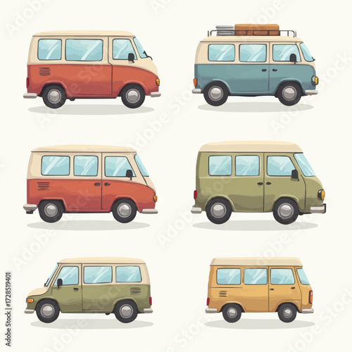Set of six vintage travel vans in a colorful cartoon style. Isolated vector graphic elements for adventure and holiday themes